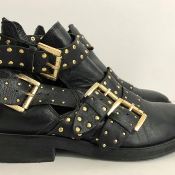 TOPSHOP Ark Booties Black Leather Studs Buckles 7 - Picture 4 of 6